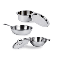 USHA SHRIRAM Triply Stainless Steel Kadai (1.6 L) with Frying Pan (1.2 L) & Tope with Lid (1.5L) | Stainless Steel Cookware Set | Stove and Induction Friendly | Easy Grip Handle | Combo Set (Medium)