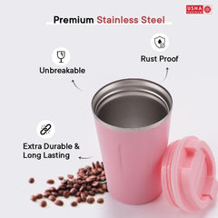 USHA SHRIRAM Insulated Stainless Steel Coffee Mug with Lid (510ml) | Leak - Proof | Double Wall Insulated Mug for Coffee & Tea | Hot and Cold Tumbler | Coffee Mug with Lid for Home & Office (Pink)