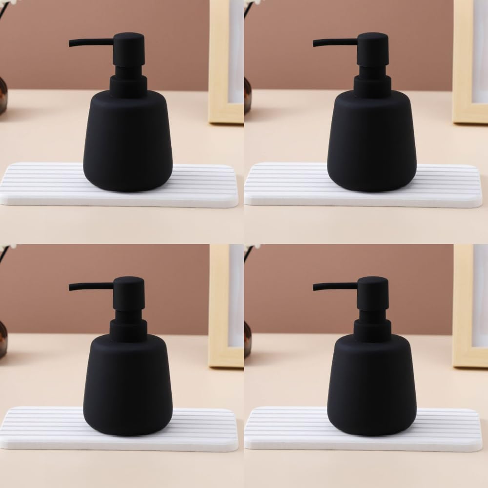 USHA SHRIRAM 260ml Soap Dispenser Bottle | Ceramic Soap & Lotion Dispenser Set | Kitchen Dish Soap Pump Dispenser Set | Hand Shower Washing Soap Dispenser (Design2 - Black, Pack of 4)