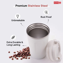 USHA SHRIRAM Insulated Stainless Steel Coffee Mug with Lid (510ml) | Leak - Proof | Double Wall Insulated Mug for Coffee & Tea | Hot and Cold Tumbler | Coffee Mug with Lid for Home & Office (White)