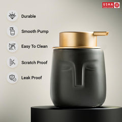 USHA SHRIRAM 350ml Soap Dispenser Bottle | Ceramic Soap & Lotion Dispenser Set | Kitchen Dish Soap Pump Dispenser Set | Hand Shower Washing Soap Dispenser (Design 1 - Black, Pack of 4)