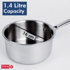 USHA SHRIRAM Triply Stainless Steel Sauce Pan with Lid (1.5L) | Stove & Induction Cookware | Small Induction Sauce Pan for Tea with Long Handle | Steel Sauce Soup Pan for Tea | Milk Pan