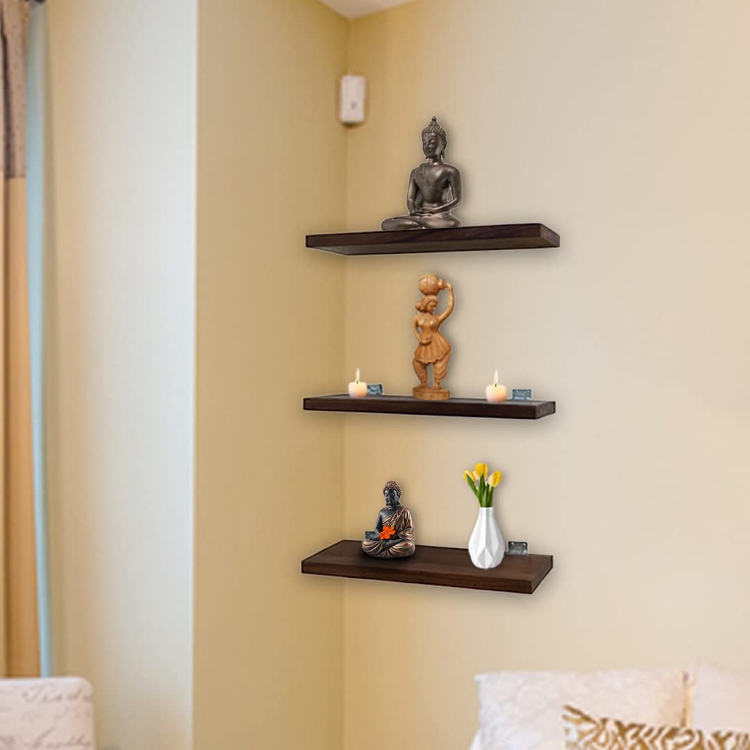 USHA SHRIRAM Wall Mounted Shelf | Shelf for Living Room Decor | Wooden Shelf for Wall | Durable & Sturdy Sheesham Wood | 3 Piece | Home Decor
