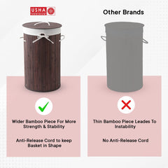 USHA SHRIRAM Foldable Bamboo Laundry Basket With Lid | Sustainable & Eco-Friendly | Travel Essential | Solid Laundry Basket (35cmx35cmx60cm) | Easy To Carry (3 Pcs, Dark Brown)
