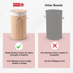 USHA SHRIRAM Foldable Bamboo Laundry Basket With Lid | Sustainable & Eco-Friendly | Travel Essential | Solid Laundry Basket (35cmx35cmx60cm) | Easy To Carry (3 Pcs, Natural)