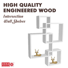 USHA SHRIRAM Set of 4 Intersecting Wall Mounted Shelf | Ready to Assemble Wooden Shelf Durable Engineered Wood | Sturdy & Long Lasting Wall Shelves | 1 Piece (White)