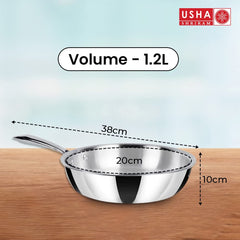 USHA SHRIRAM Triply Stainless Steel Frying Pan with Lid | Stove & Induction Cookware | Heat Surround Cooking | Easy Grip Handles | Stainless Steel Fry Pan with Lid (1.2L)