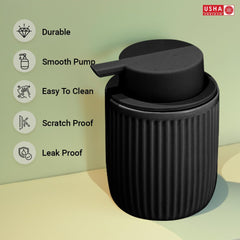 USHA SHRIRAM 320ml Soap Dispenser Bottle | Ceramic Soap & Lotion Dispenser Set | Kitchen Dish Soap Pump Dispenser Set | Hand Shower Washing Soap Dispenser (Design 2 - Black, Pack of 1)