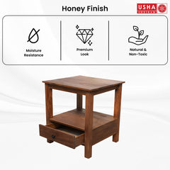 USHA SHRIRAM Wooden Side Table with Storage (Honey Finish) | Bed Side Table | Coffee Table | Durable & Sturdy Sheesham Wood | Side Table for Living Room |50x46x53 cm