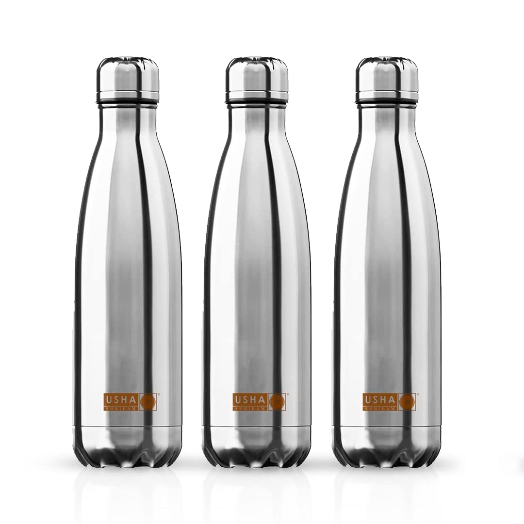 USHA SHRIRAM Insulated Stainless Steel Water Bottle (1L) | Water Bottle for Home, Office & Kids | Hot for 18 Hours, Cold for 24 Hours | Rust-Free & Leak-Proof (Pack of 3, Silver)
