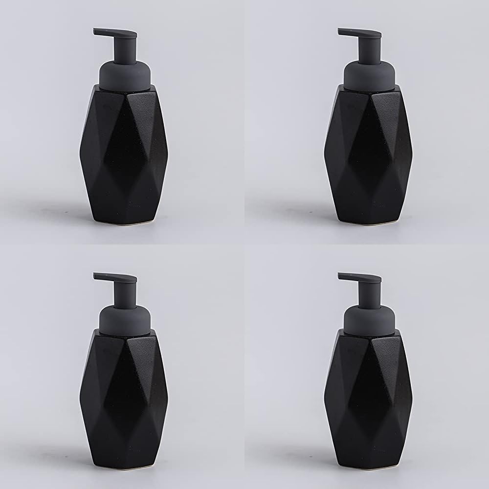 USHA SHRIRAM Soap Dispenser Bottle | Ceramic Soap & Lotion Dispenser Set | Kitchen Dish Soap Pump Dispenser Set | Hand Shower Washing Soap Dispenser (400ml - Design 3 - Black, Pack of 4)