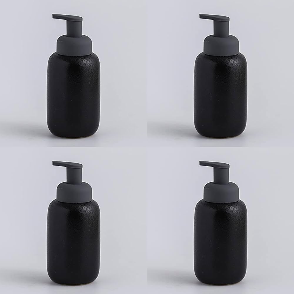 USHA SHRIRAM Soap Dispenser Bottle | Ceramic Soap & Lotion Dispenser Set | Kitchen Dish Soap Pump Dispenser Set | Hand Shower Washing Soap Dispenser (400ml - Design 2 - Black, Pack of 4)