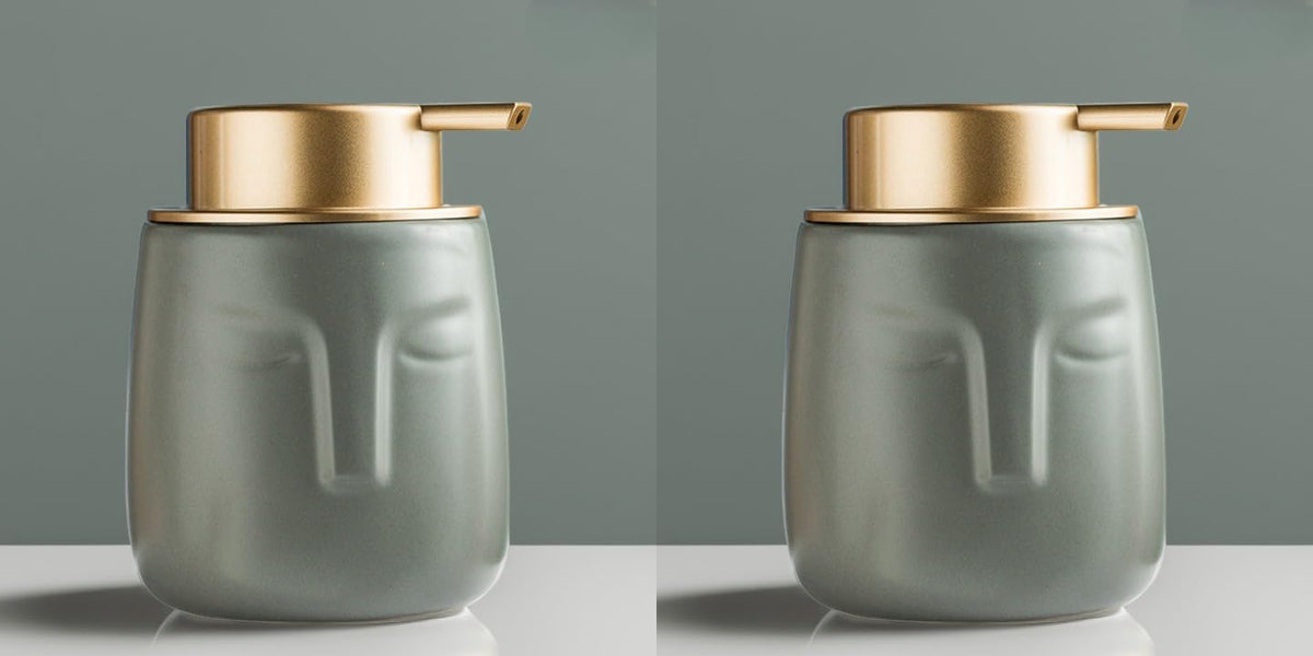 USHA SHRIRAM 350ml Soap Dispenser Bottle | Ceramic Soap & Lotion Dispenser Set | Kitchen Dish Soap Pump Dispenser Set | Hand Shower Washing Soap Dispenser (Design 1 - Grey, Pack of 2)