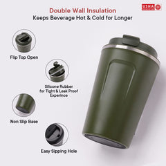 USHA SHRIRAM Insulated Stainless Steel Coffee Mug with Lid (510ml) | Leak - Proof | Double Wall Insulated Mug for Coffee & Tea | Hot and Cold Tumbler | Coffee Mug with Lid for Home & Office (Green)