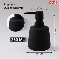 USHA SHRIRAM 260ml Soap Dispenser Bottle | Ceramic Soap & Lotion Dispenser Set | Kitchen Dish Soap Pump Dispenser Set | Hand Shower Washing Soap Dispenser (Design2 - Black, Pack of 1)
