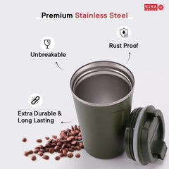 USHA SHRIRAM Insulated Stainless Steel Coffee Mug with Lid (510ml) | Leak - Proof | Double Wall Insulated Mug for Coffee & Tea | Hot and Cold Tumbler | Coffee Mug with Lid for Home & Office (Green)
