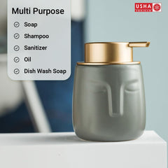 USHA SHRIRAM 350ml Soap Dispenser Bottle | Ceramic Soap & Lotion Dispenser Set | Kitchen Dish Soap Pump Dispenser Set | Hand Shower Washing Soap Dispenser (Design 1 - Grey, Pack of 4)