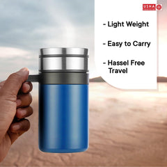 USHA SHRIRAM Insulated Stainless Steel Coffee Mug with Lid and Handle (420ml) | Leak - Proof | Insulated Mug for Coffee & Tea | Hot and Cold Tumbler | Coffee Mug with Lid for Home & Office (Blue)