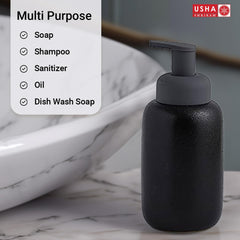 USHA SHRIRAM Soap Dispenser Bottle | Ceramic Soap & Lotion Dispenser Set | Kitchen Dish Soap Pump Dispenser Set | Hand Shower Washing Soap Dispenser (400ml - Design 3 - Black, Pack of 1)