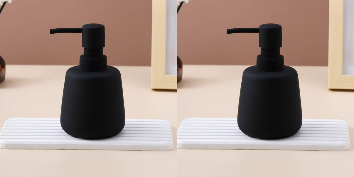 USHA SHRIRAM 260ml Soap Dispenser Bottle | Ceramic Soap & Lotion Dispenser Set | Kitchen Dish Soap Pump Dispenser Set | Hand Shower Washing Soap Dispenser (Design2 - Black, Pack of 2)