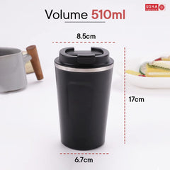 USHA SHRIRAM Insulated Stainless Steel Coffee Mug with Lid (510ml) | Leak - Proof | Double Wall Insulated Mug for Coffee & Tea | Hot and Cold Tumbler | Coffee Mug with Lid for Home & Office (Black)