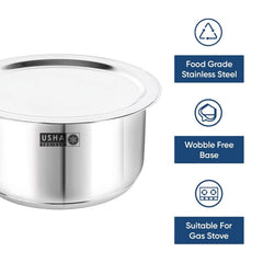 USHA SHRIRAM Stainless Steel Tope (Patila) with Lid (5L) | Big Handi Casserole with lid | Large Steel Patila | Gas Stove & Induction Cookware | Stainless Steel Cookware