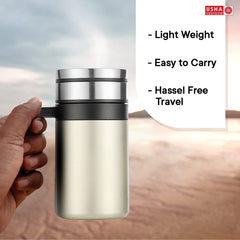 USHA SHRIRAM Insulated Stainless Steel Coffee Mug with Lid and Handle (420ml) | Leak - Proof | Insulated Mug for Coffee & Tea | Hot and Cold Tumbler | Coffee Mug with Lid for Home & Office (Gold)