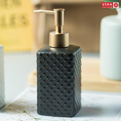 USHA SHRIRAM 350ml Soap Dispenser Bottle | Ceramic Soap & Lotion Dispenser Set | Kitchen Dish Soap Pump Dispenser Set | Hand Shower Washing Soap Dispenser (Deisgn 3 - Black, Pack of 4)
