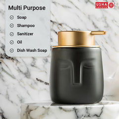 USHA SHRIRAM 350ml Soap Dispenser Bottle | Ceramic Soap & Lotion Dispenser Set | Kitchen Dish Soap Pump Dispenser Set | Hand Shower Washing Soap Dispenser (Design 1 - Black, Pack of 4)