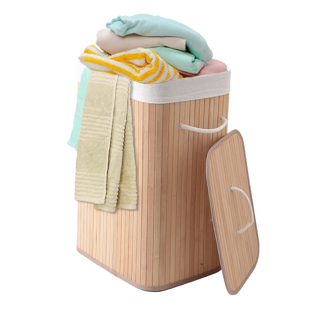 USHA SHRIRAM Foldable Bamboo Laundry Basket With Lid (72L) | Sustainable & Eco-Friendly | Travel Essential | Printed Laundry Basket (40cmx30cmx60cm) | Easy To Carry | Natural