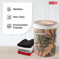 USHA SHRIRAM Foldable Bamboo Laundry Basket With Lid | Sustainable & Eco-Friendly | Travel Essential | Printed Laundry Basket | Easy To Carry | Color Natural (60 L) (2 Pcs, Rectangular)