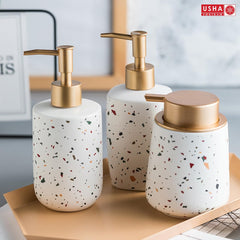 USHA SHRIRAM Soap Dispenser Set | White Ceramic Soap & Lotion Dispenser Set | Kitchen Dish Soap Pump Dispenser Set | Hand Shower Washing Soap Dispenser for Kitchen Sink & Bathroom (White - 3 Pcs Set)