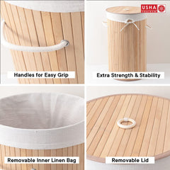 USHA SHRIRAM Foldable Bamboo Laundry Basket With Lid | Sustainable & Eco-Friendly | Travel Essential | Solid Laundry Basket (35cmx35cmx60cm) | Easy To Carry (3 Pcs, Natural)