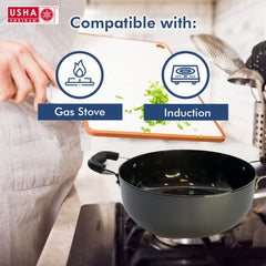 USHA SHRIRAM Non Stick Frying Pan (18 cm) & Kadai with Lid (2.4L) | Stove & Induction Cookware | Minimal Oil Cooking | 3 Layer Non Stick Coating | Non-Toxic & Lightweight | Non Stick Cookware Set