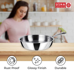 USHA SHRIRAM Triply Stainless Steel Frying Pan with Lid | Stove & Induction Cookware | Heat Surround Cooking | Easy Grip Handles | Stainless Steel Fry Pan with Lid (1.5L)