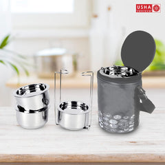 USHA SHRIRAM Stainless Steel Insulated Lunch Box With Insulated Bag |3pc (250ml each) Stackable & Leak Proof Containers| Lunch Box for Kids Office Men & Women | Insulated Bag for Extra Hot & Cold Food