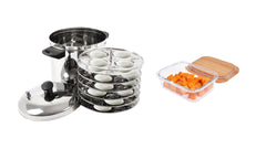 USHA SHRIRAM Stainless Steel Idli Cooker | 6 plate | Induction Friendly | 24 Big & Small Idlis | Idly Maker | Rectangular Borosilicate Container (1.05 L) | With Bamboo Lid | Steel Steamer For Cooking
