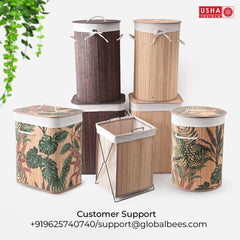 USHA SHRIRAM Foldable Bamboo Laundry Basket With Lid | Sustainable & Eco-Friendly | Travel Essential | Printed Laundry Basket | Easy To Carry | Color Natural (60 L) (2 Pcs, Cylinderical)