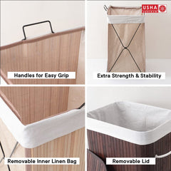USHA SHRIRAM Foldable Bamboo Laundry Basket With Lid | Sustainable & Eco-Friendly | Travel Essential | Printed Laundry Basket (40cmx30cmx60cm) | Easy To Carry | Dark Brown (4 Pcs, Bag)