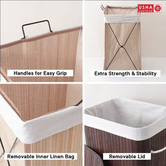 USHA SHRIRAM Foldable Bamboo Laundry Basket With Lid | Sustainable & Eco-Friendly | Travel Essential | Printed Laundry Basket (40cmx30cmx60cm) | Easy To Carry | Dark Brown (4 Pcs, Dark Brown)