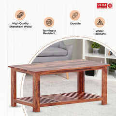 USHA SHRIRAM Wooden Table | Premium Sheesham Wood | Coffee Table for Living Room, Bedroom & Office | Living Room Furniture | Centre Table for Living Room (55x100x45cm)
