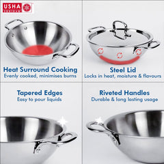 USHA SHRIRAM Triply Stainless Steel Kadai with Lid | 26 cm Diameter | 3.6 L Capacity | Stove & Induction Cookware | Heat Surround Cooking | Triply Stainless Steel cookware with lid