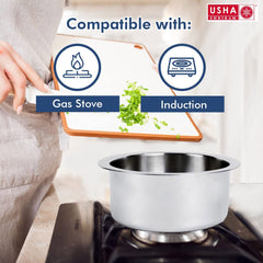 USHA SHRIRAM Triply Stainless Steel Kadai (3.6L), Tope (3L), Handi (4L) with Lid | Triply Cookeware with Stove & Induction Base | Heat Surround Cooking | Stainless Steel Cookware Set with Lid