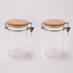 USHA SHRIRAM Borosilicate Containers With Wooden Lid (1 L - 2Pcs) | Glass Container Jar For Kitchen Storage | Microwave Safe | Kitchen Containers Box With Air Tight Lid | Kitchen Organisers