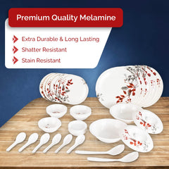 USHA SHRIRAM Dine Smart Melamine 40 Pieces Dinner Set Heat-Resistant | Durable | Shatter-Resistant | Light-Weight | BPA Free (Red Grey Leaf)