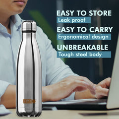 USHA SHRIRAM Insulated Stainless Steel Water Bottle (1L) | Water Bottle for Home, Office & Kids | Hot for 18 Hours, Cold for 24 Hours | Rust-Free & Leak-Proof (Pack of 3, Silver)