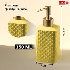 USHA SHRIRAM 350ml Soap Dispenser Bottle | Ceramic Soap & Lotion Dispenser Set | Kitchen Dish Soap Pump Dispenser Set | Hand Shower Washing Soap Dispenser (Deisgn 3 - Yellow, Pack of 2)