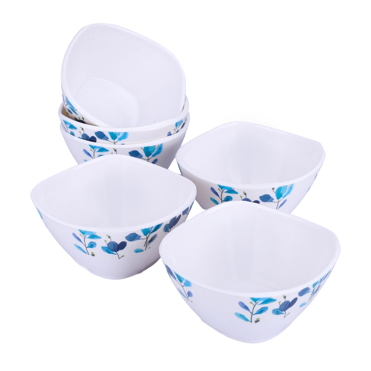 USHA SHRIRAM Melamine (220ml) Square Veg Bowl Set |Fibre Plastic Snack Dessert Vegetable Bowl | Heat Resistant| Durable Shatter Resistant| Light Weight| BPA Free (Blue Flower, 6 Pcs)