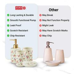 USHA SHIRAM 4 Pcs Ceramic Bathroom Accessories Set - Liquid Soap Dispenser for Bathrooom, Soap Holder for Bathroom, 2 Tumblers | Handwash Dispenser | Bathroom Organiser | Soap Case | White