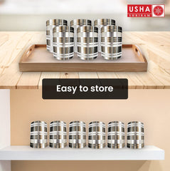 USHA SHRIRAM | 12 Pcs Stainless Steel Glass Set | 300ml Each-AMRAPALI | Stainless Steel Gilas, Wobble Free Base, Durable | Multipurpose, Elegant Design & Mirror Finish